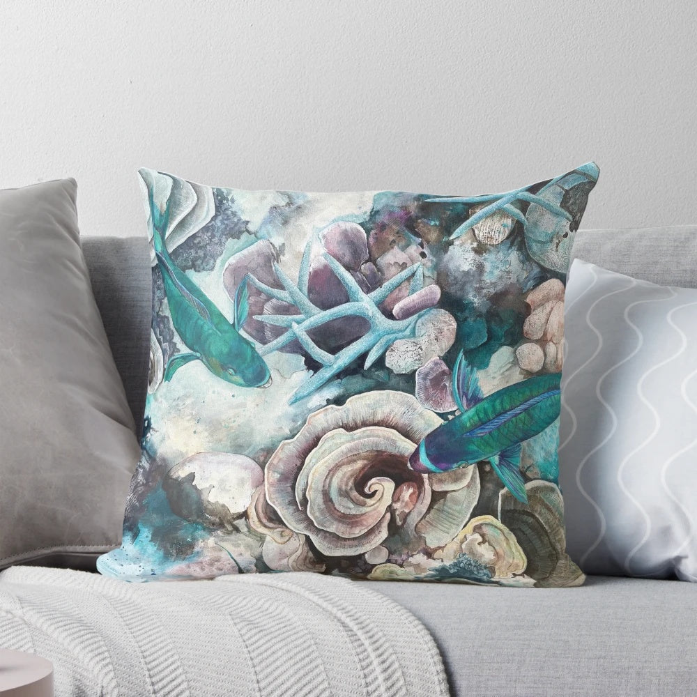 Parrotfish Pillow featuring vibrant marine life and coral reef scenery