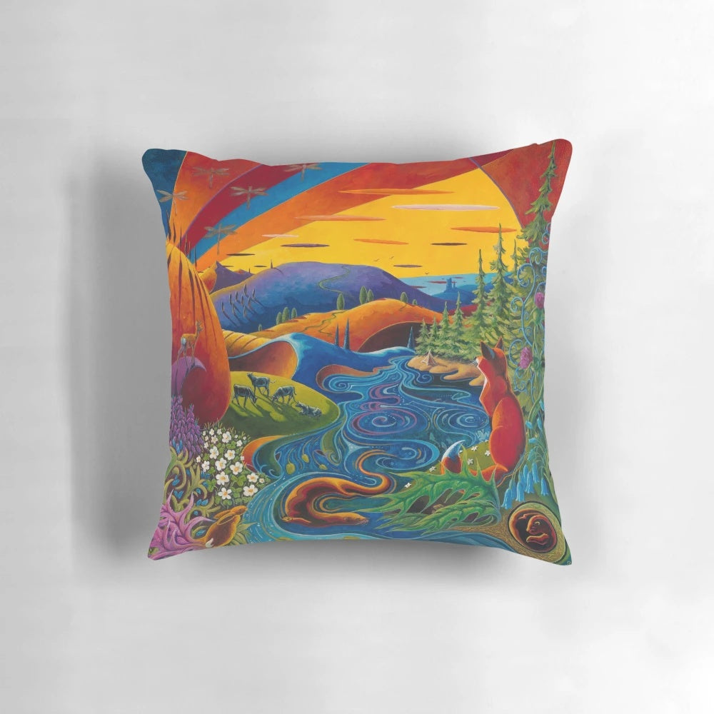 A cozy pillow featuring a scenic Scottish landscape with animals like foxes, otters, and deer.