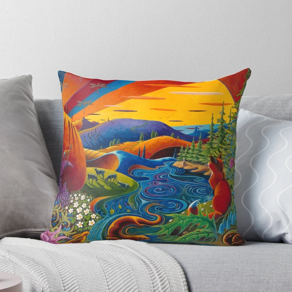A cozy pillow featuring a scenic Scottish landscape with animals like foxes, otters, and deer.