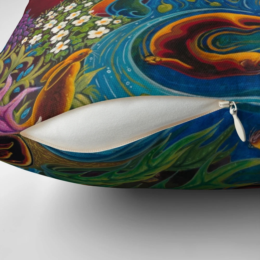 A cozy pillow featuring a scenic Scottish landscape with animals like foxes, otters, and deer.