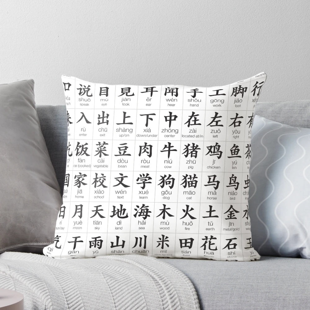 Decorative pillow featuring the 100 most common Chinese characters