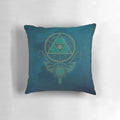A blue and white pillow with Japanese symbols and a dragon design, perfect for nerds and fantasy enthusiasts.