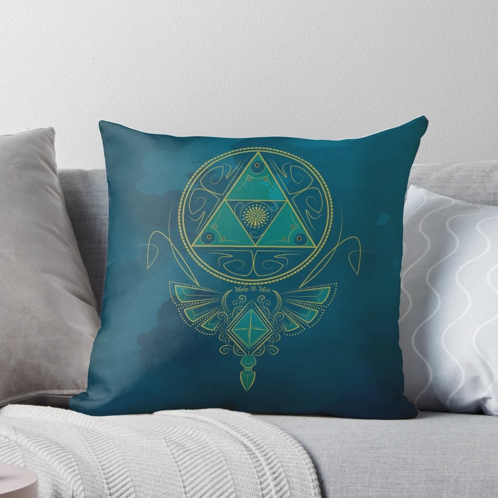 A blue and white pillow with Japanese symbols and a dragon design, perfect for nerds and fantasy enthusiasts.