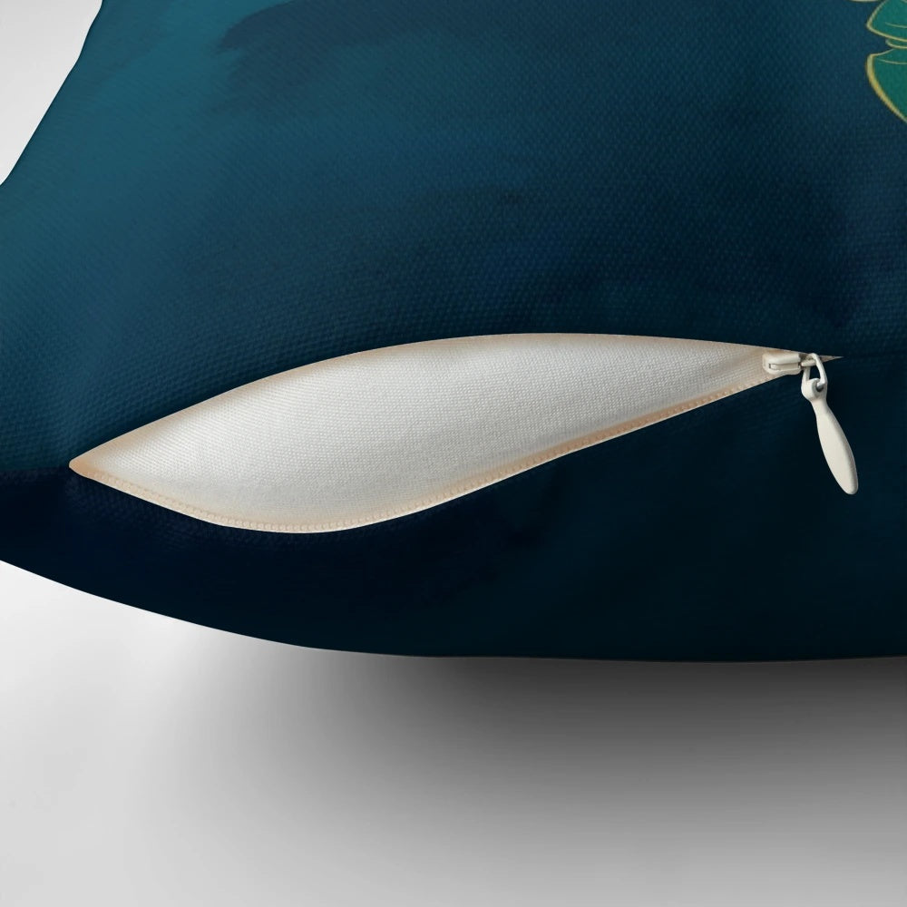 A blue and white pillow with Japanese symbols and a dragon design, perfect for nerds and fantasy enthusiasts.