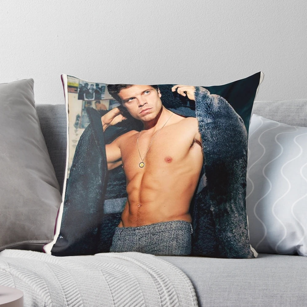 Soft, plush pillow featuring a shirtless image of actor Sebastian Stan as Bucky Barnes from the Marvel Cinematic Universe.