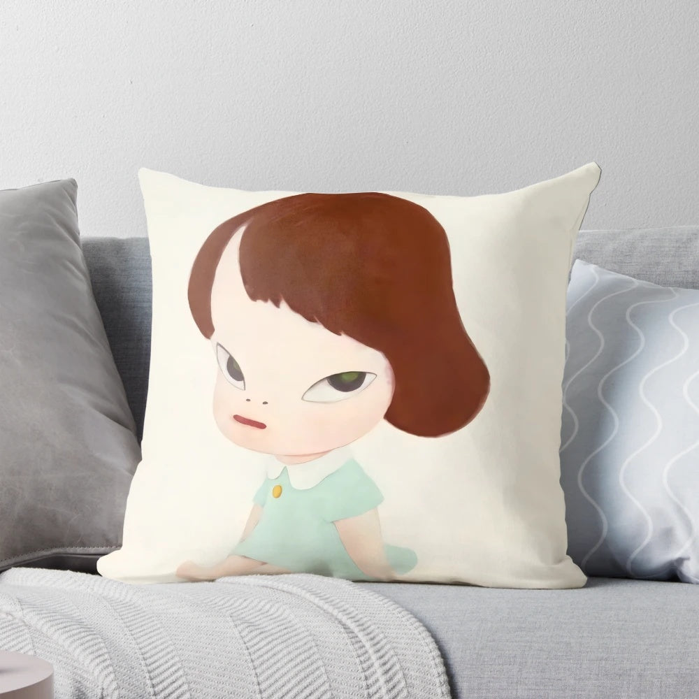 Pillow featuring a cute baby girl painting by renowned Japanese artist Yoshimoto Nara