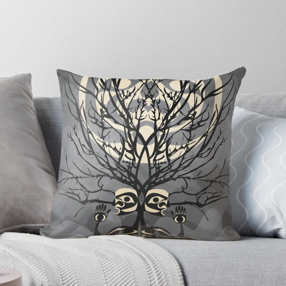 The S,ḴELÁLṈEW̱ Pillow, featuring a stunning Coast Salish tree and moon design