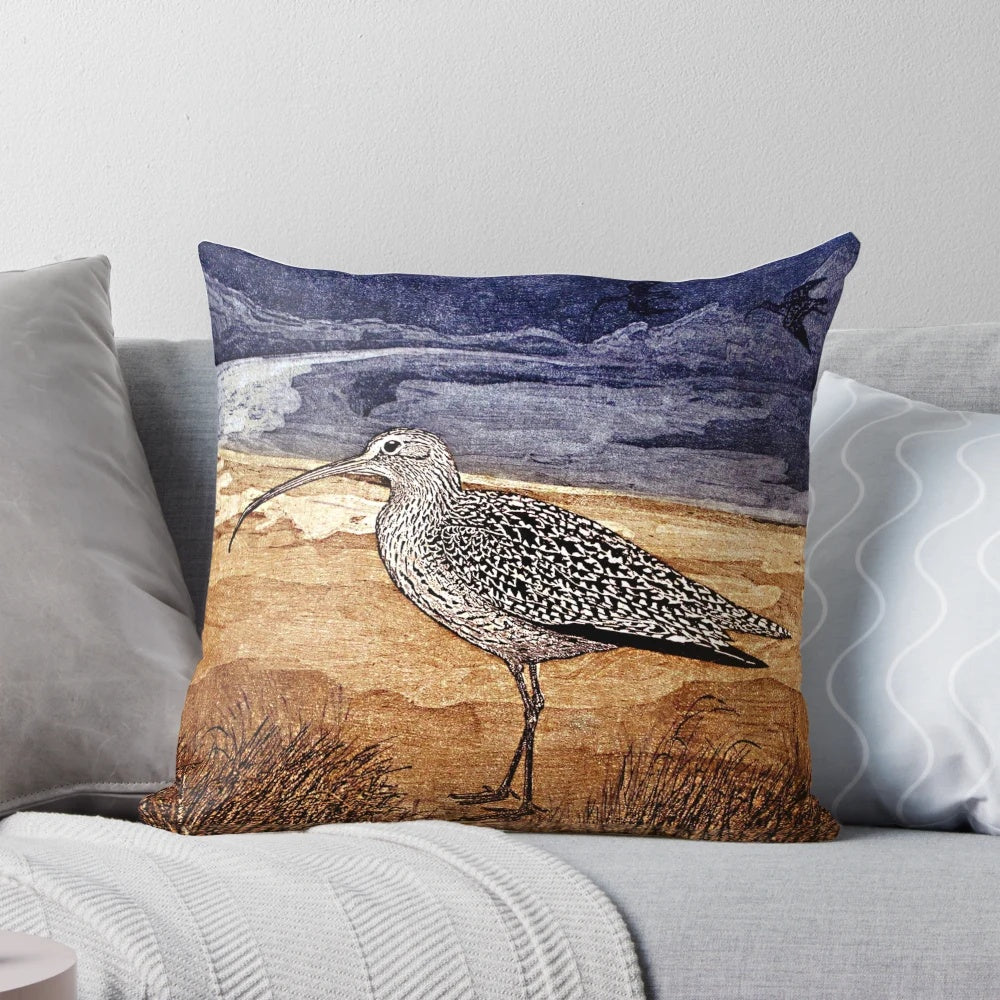 Photograph of a curlew bird in a natural landscape