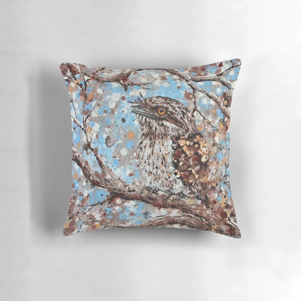 Decorative pillow featuring a realistic painting of a tawny frogmouth, a camouflaged nocturnal bird native to Australia.