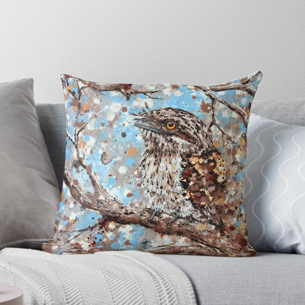 Decorative pillow featuring a realistic painting of a tawny frogmouth, a camouflaged nocturnal bird native to Australia.