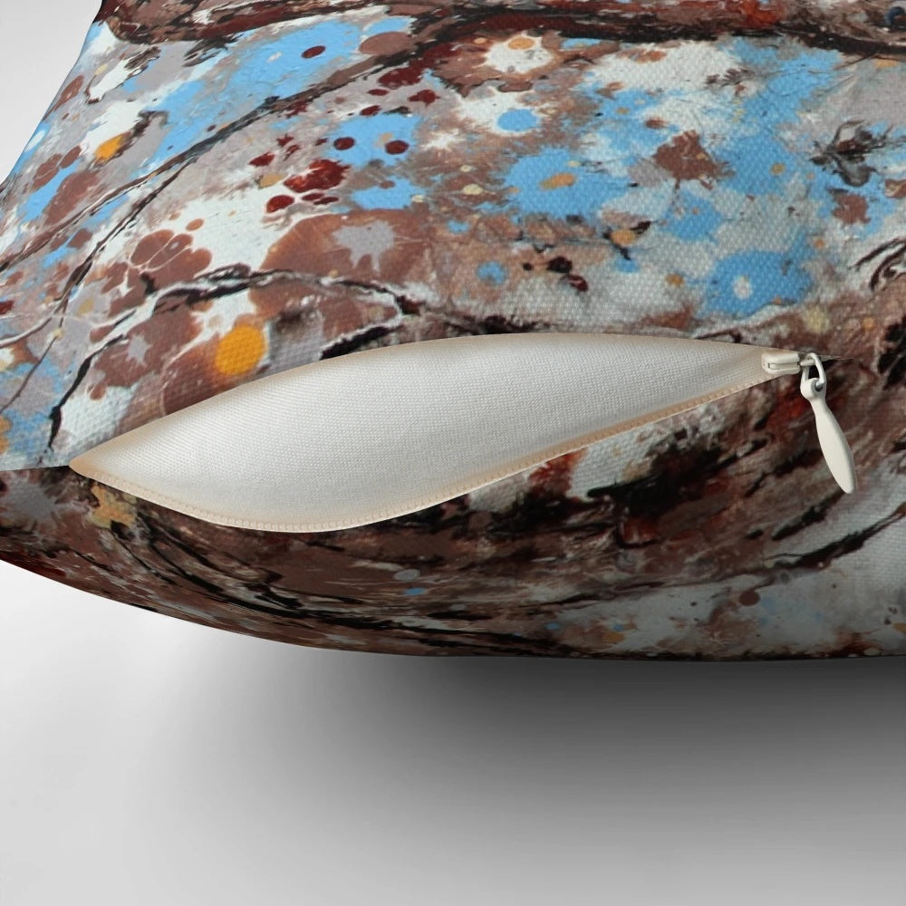 Decorative pillow featuring a realistic painting of a tawny frogmouth, a camouflaged nocturnal bird native to Australia.