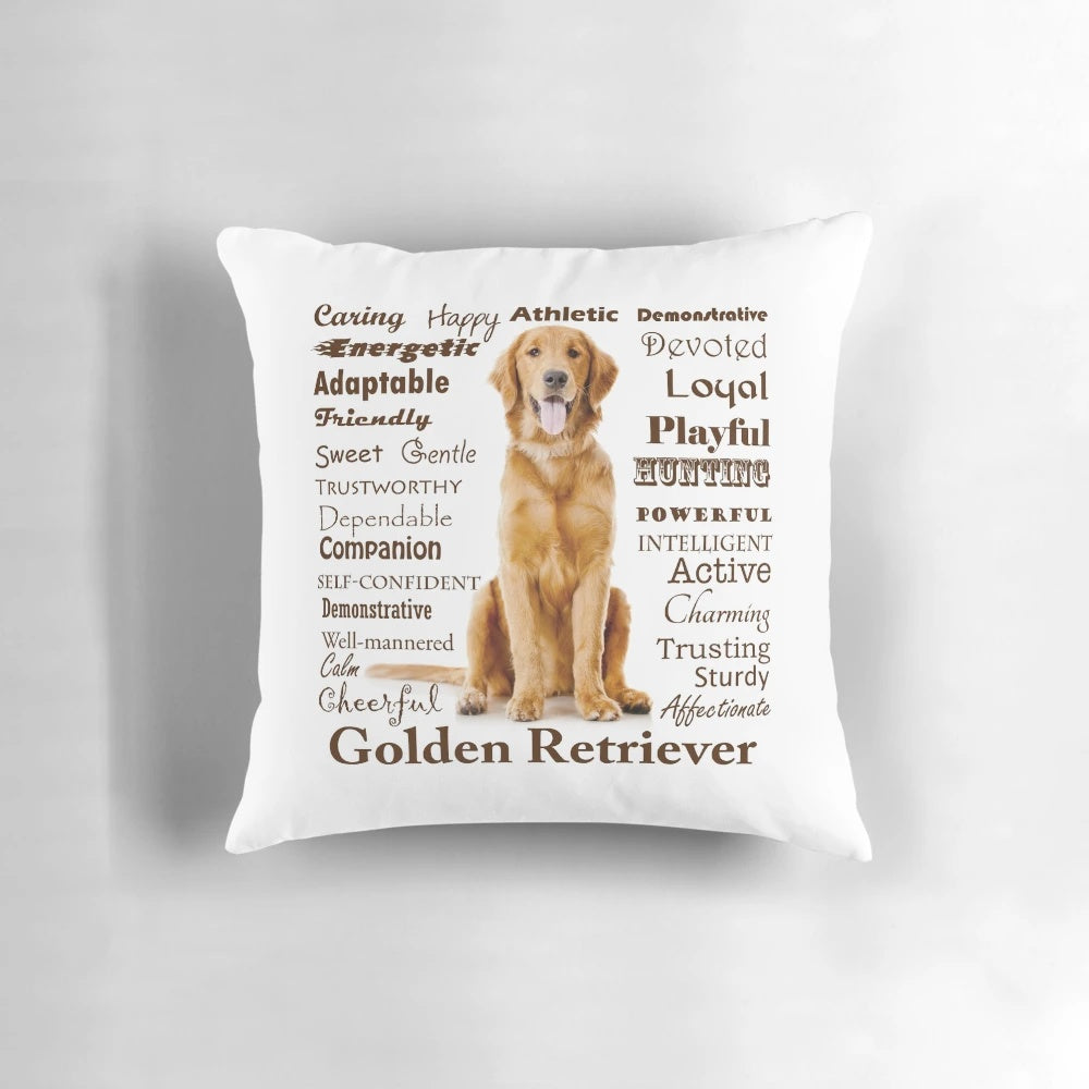 Soft, comfortable pillow with a design featuring the iconic golden retriever breed and its unique personality traits.