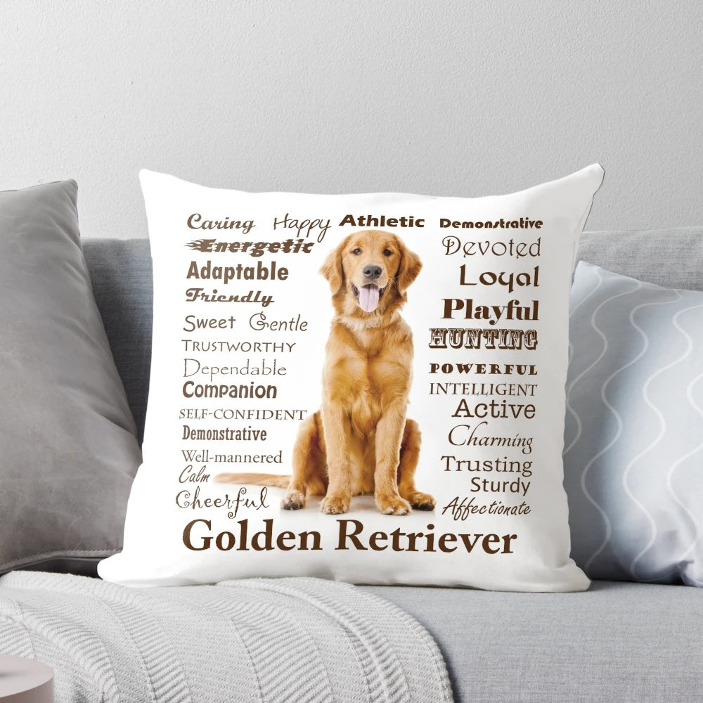 Soft, comfortable pillow with a design featuring the iconic golden retriever breed and its unique personality traits.