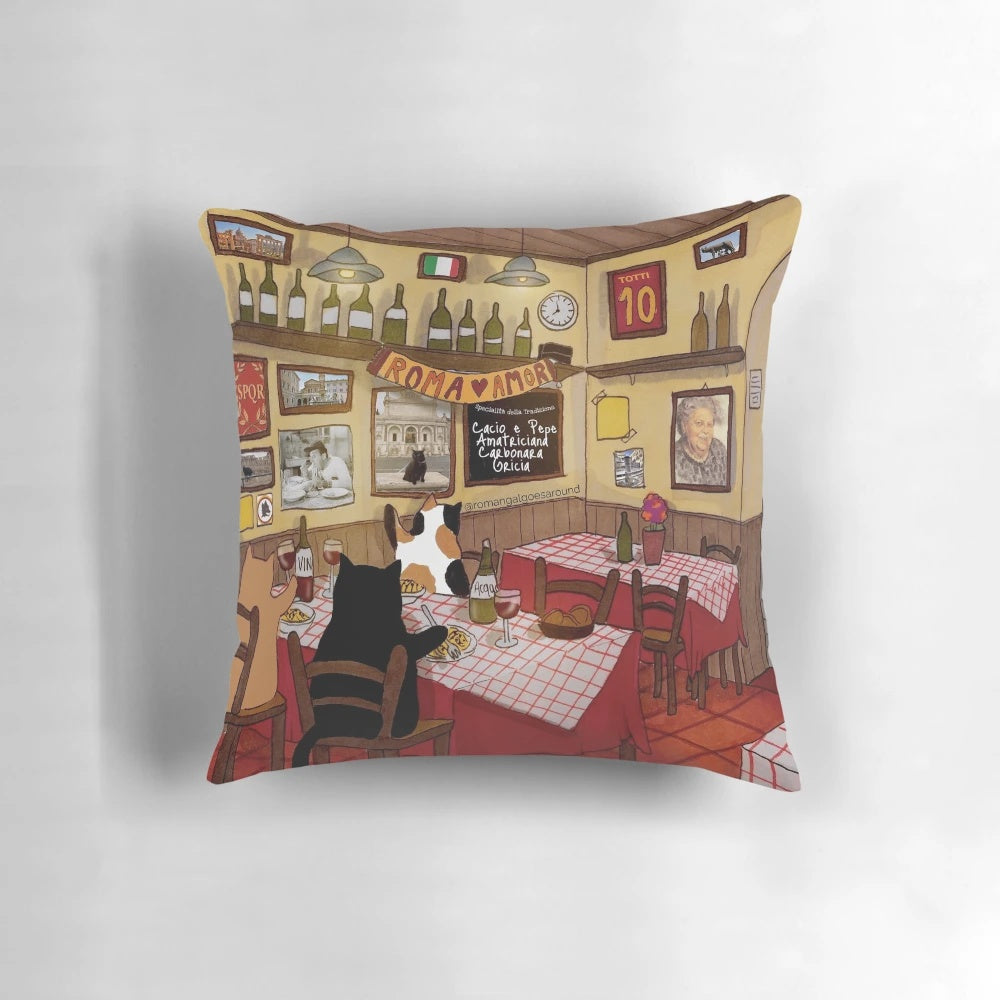 Pillow featuring a cute cat exploring a traditional Italian trattoria in Rome