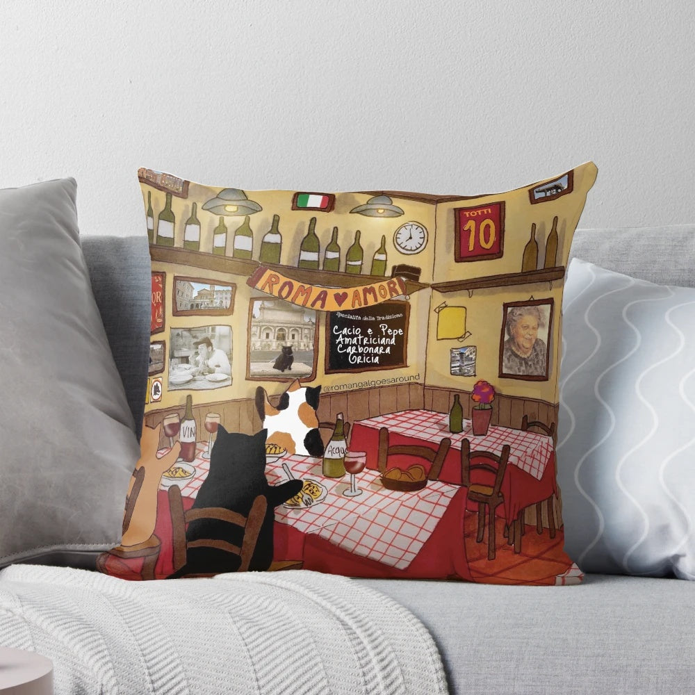 Pillow featuring a cute cat exploring a traditional Italian trattoria in Rome