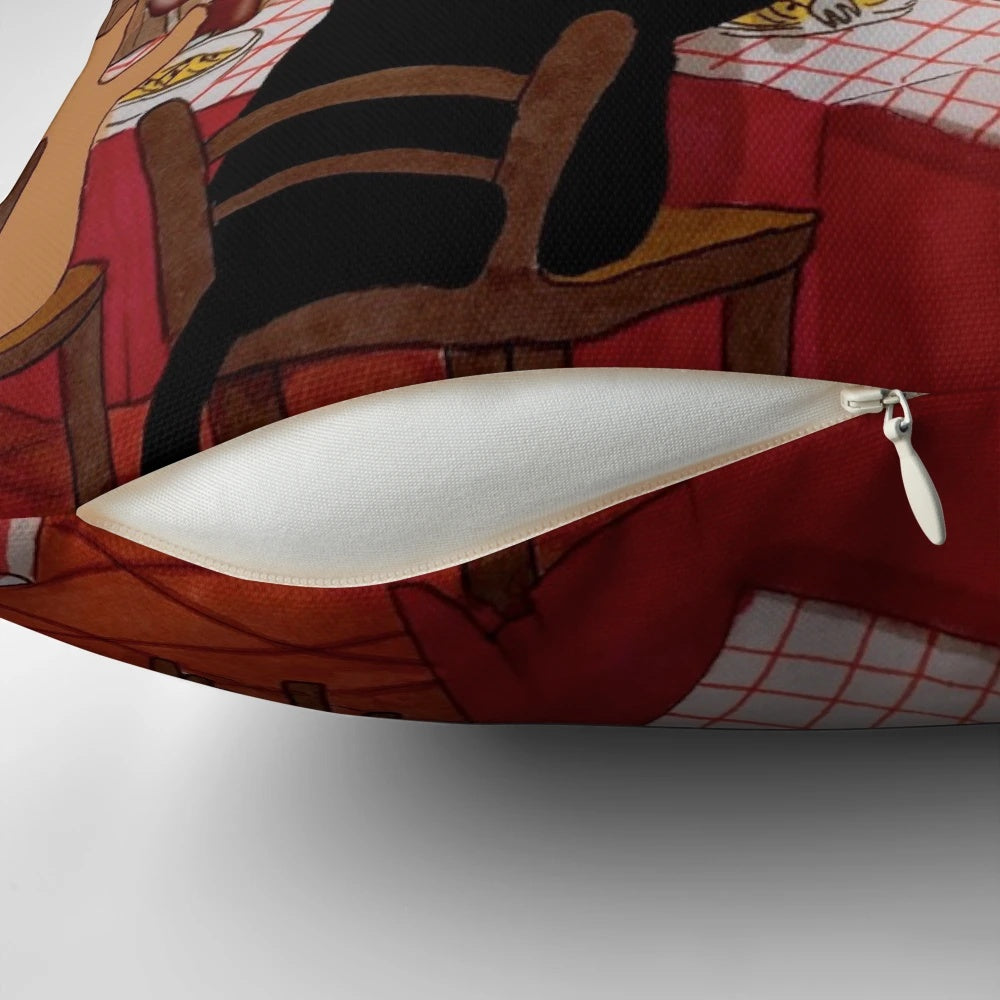 Pillow featuring a cute cat exploring a traditional Italian trattoria in Rome