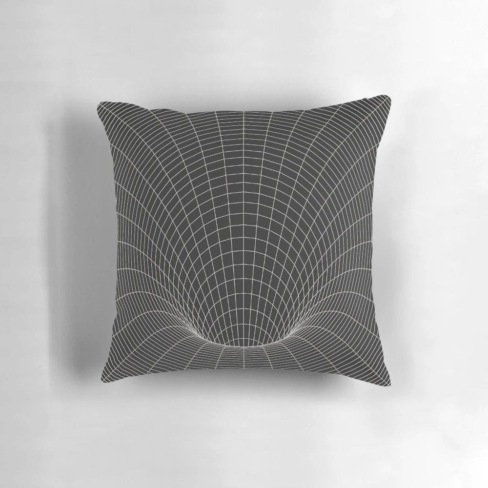 Decorative space-themed pillow with a black hole and wormhole design