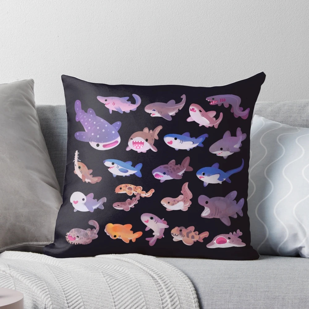 A cozy pillow featuring a vibrant shark design, perfect for ocean lovers.