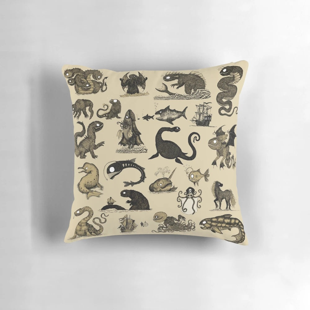 A decorative pillow featuring a sepia-toned pattern of various sea monsters, including the Loch Ness Monster and Godzilla.
