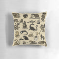 A decorative pillow featuring a sepia-toned pattern of various sea monsters, including the Loch Ness Monster and Godzilla.