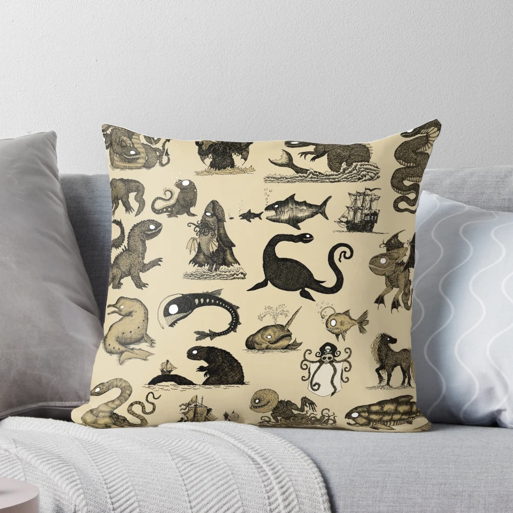 A decorative pillow featuring a sepia-toned pattern of various sea monsters, including the Loch Ness Monster and Godzilla.