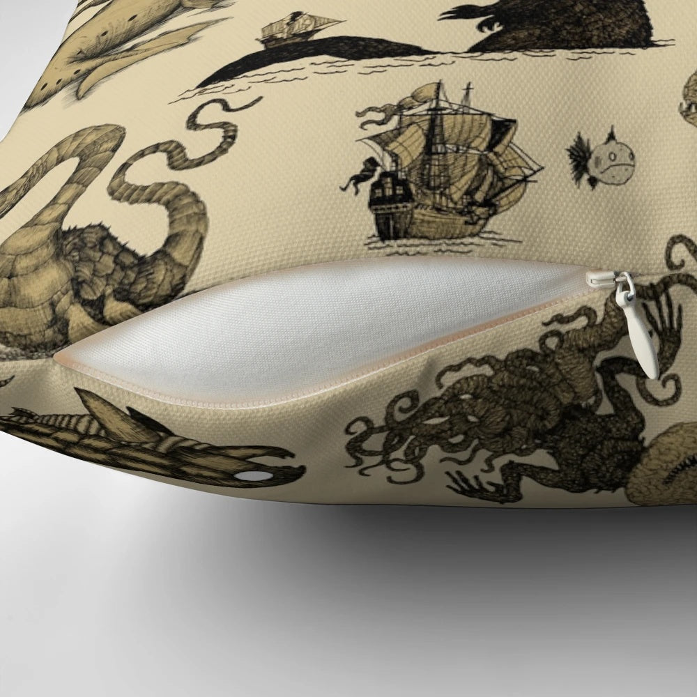 A decorative pillow featuring a sepia-toned pattern of various sea monsters, including the Loch Ness Monster and Godzilla.