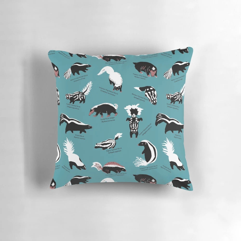 Vibrant pillow featuring the diverse skunk species of the Mephitidae family