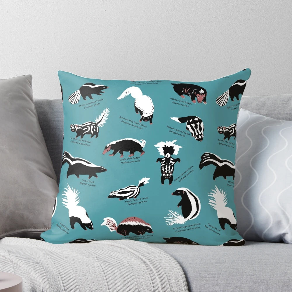 Vibrant pillow featuring the diverse skunk species of the Mephitidae family