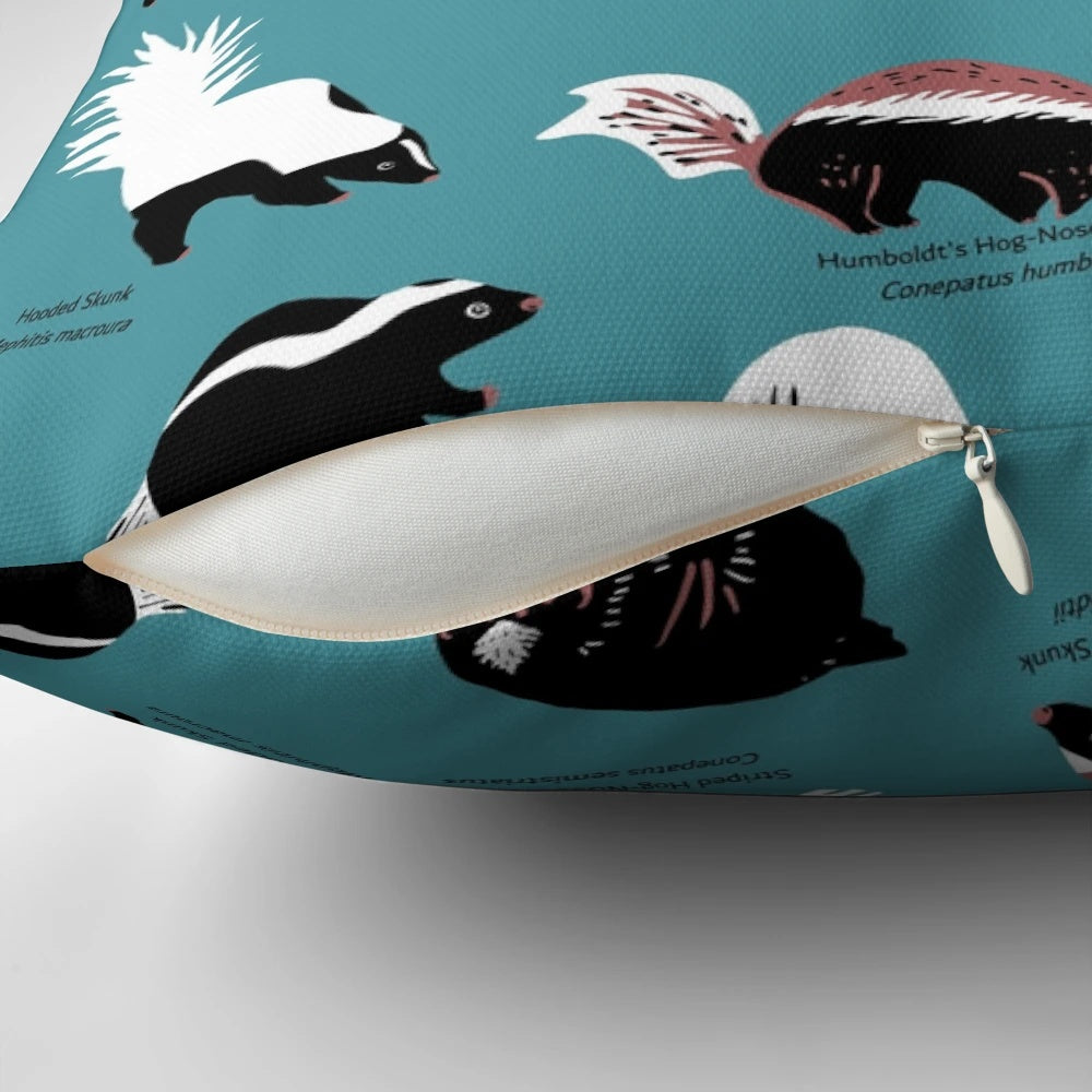 Vibrant pillow featuring the diverse skunk species of the Mephitidae family