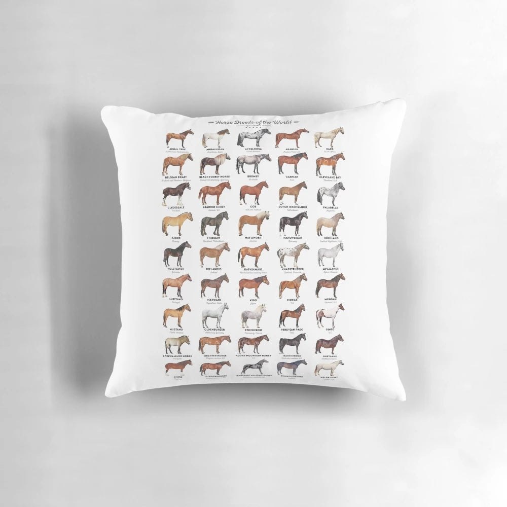 A beautiful pillow featuring a collage of various horse breeds from around the world.