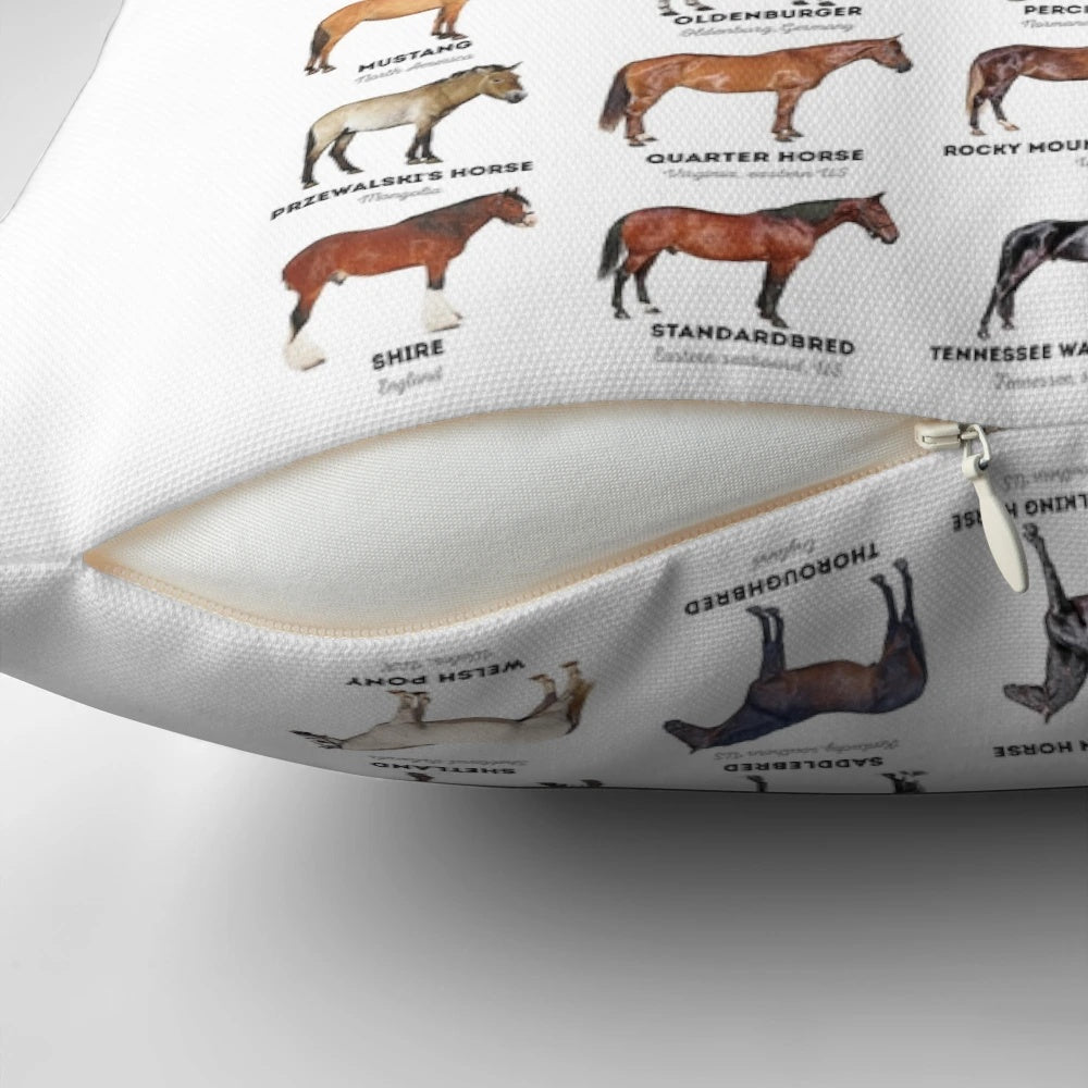 A beautiful pillow featuring a collage of various horse breeds from around the world.