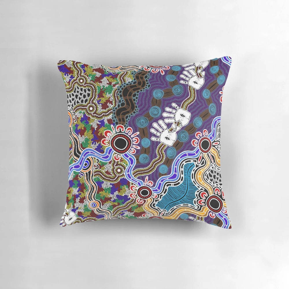 Authentic Aboriginal Art Pillow featuring a kangaroo and nature motif, representing the dreamtime and indigenous culture.