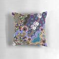 Authentic Aboriginal Art Pillow featuring a kangaroo and nature motif, representing the dreamtime and indigenous culture.