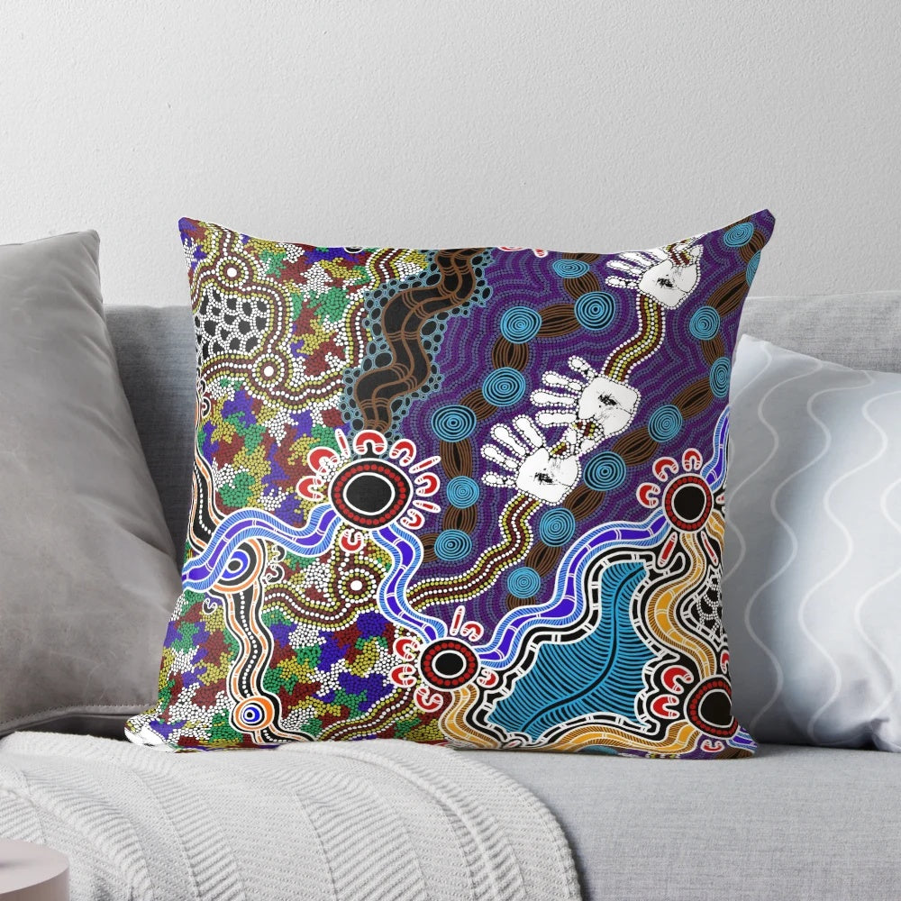 Authentic Aboriginal Art Pillow featuring a kangaroo and nature motif, representing the dreamtime and indigenous culture.