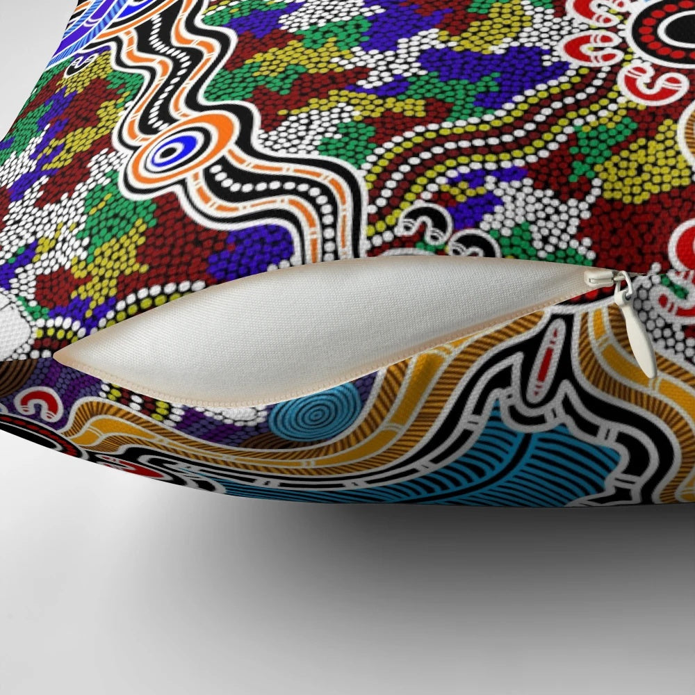 Authentic Aboriginal Art Pillow featuring a kangaroo and nature motif, representing the dreamtime and indigenous culture.