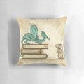 A whimsical fantasy pillow featuring a dragon and mouse in a cozy library setting