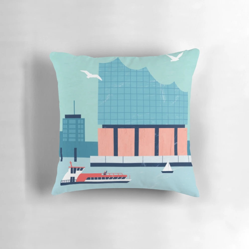 Elbphilharmonie Concert Hall in Hamburg, Germany Depicted on a Vibrant Travel Poster Pillow