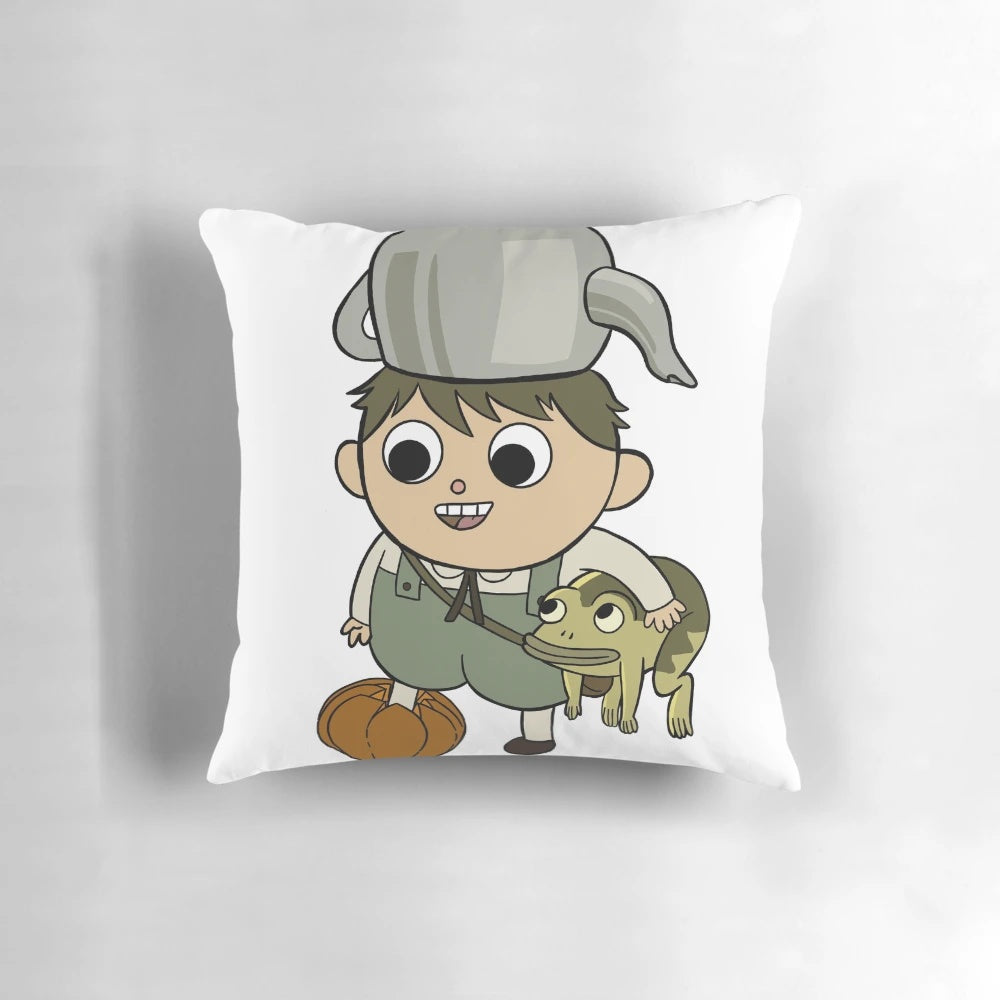 A cozy pillow featuring the character Greg from the popular animated series "Over the Garden Wall" holding a pumpkin.