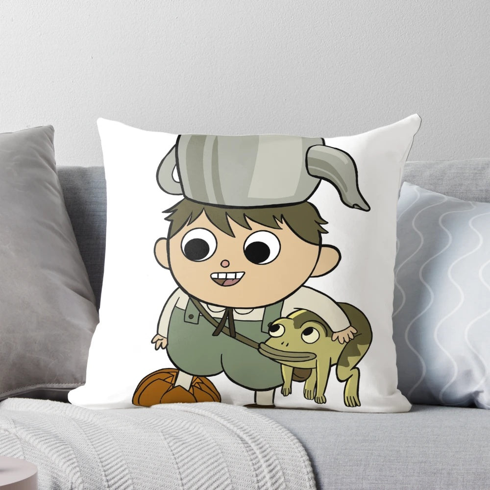 A cozy pillow featuring the character Greg from the popular animated series "Over the Garden Wall" holding a pumpkin.