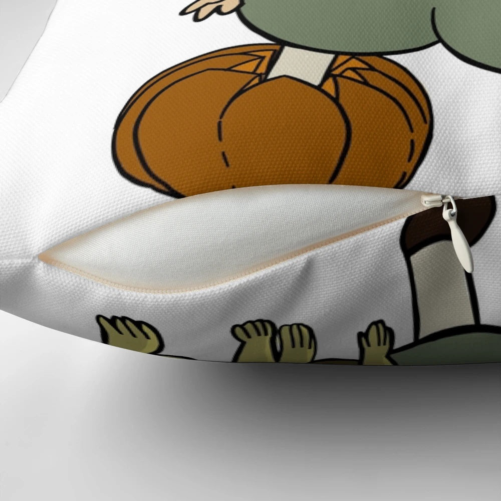 A cozy pillow featuring the character Greg from the popular animated series "Over the Garden Wall" holding a pumpkin.