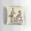 A medieval-inspired pillow featuring a rabbit blacksmith at work in a medieval forge.