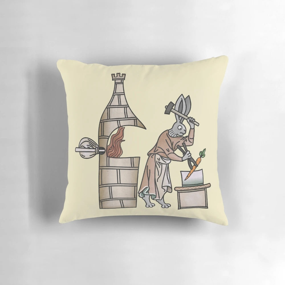 A medieval-inspired pillow featuring a rabbit blacksmith at work in a medieval forge.