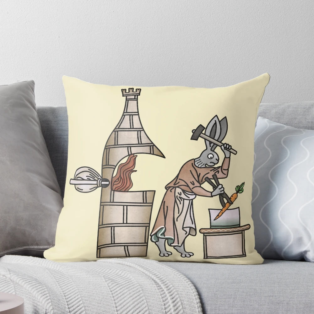 A medieval-inspired pillow featuring a rabbit blacksmith at work in a medieval forge.
