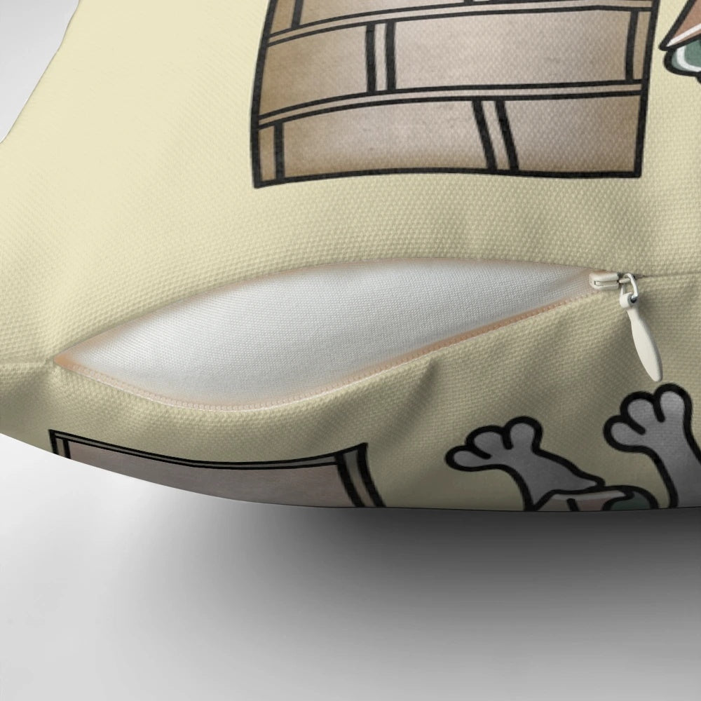 A medieval-inspired pillow featuring a rabbit blacksmith at work in a medieval forge.
