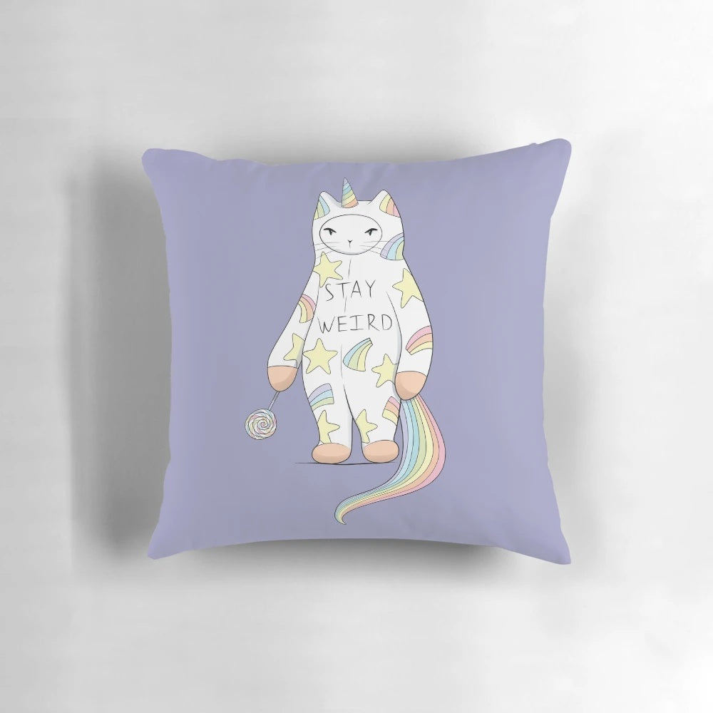 A whimsical portrait of a cat with a unicorn horn, capturing the essence of the "stay weird" lifestyle.