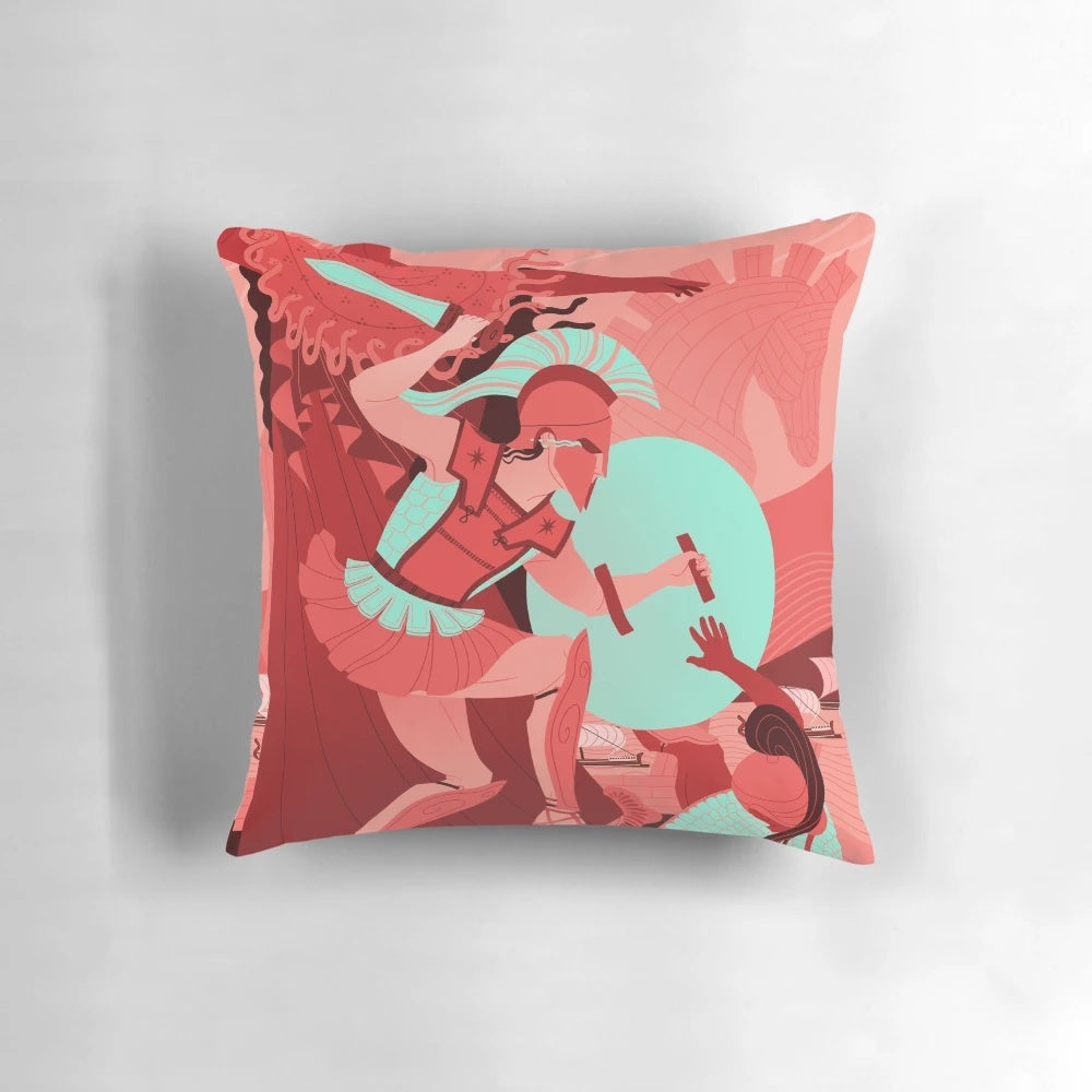 Iliad pillow featuring iconic characters and scenes from Homer's legendary epic