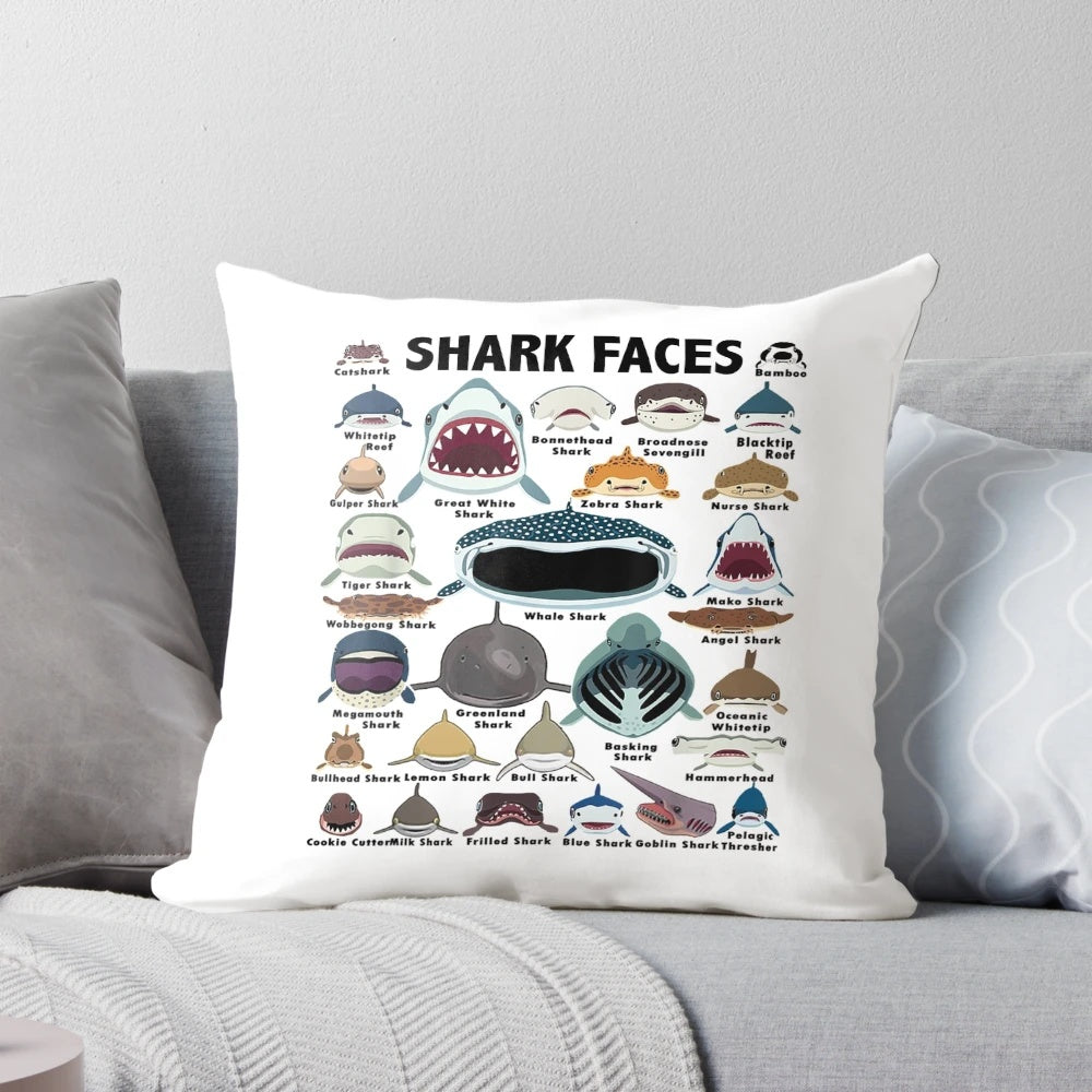 Soft, plush pillow featuring a vibrant shark face and heart design, perfect for shark lovers.