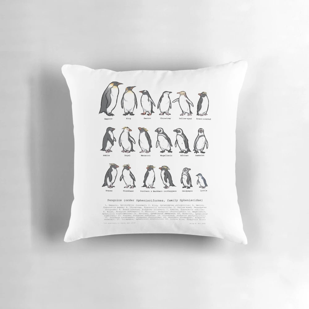 Pillow featuring a variety of penguin species for bird and wildlife enthusiasts
