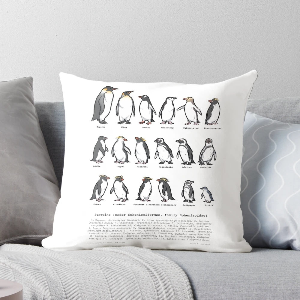 Pillow featuring a variety of penguin species for bird and wildlife enthusiasts