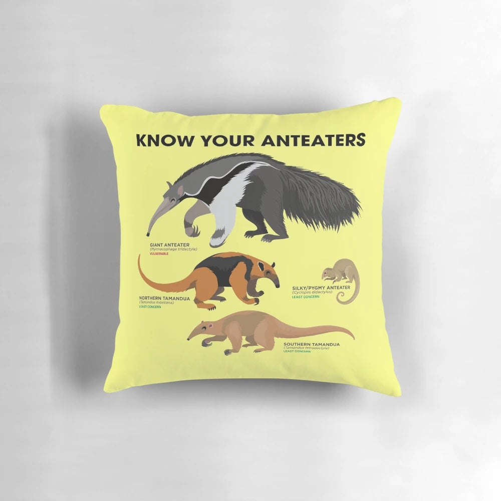Soft, high-quality pillow with an illustration of various anteater species, including the giant anteater, pygmy anteater, and tamandua.